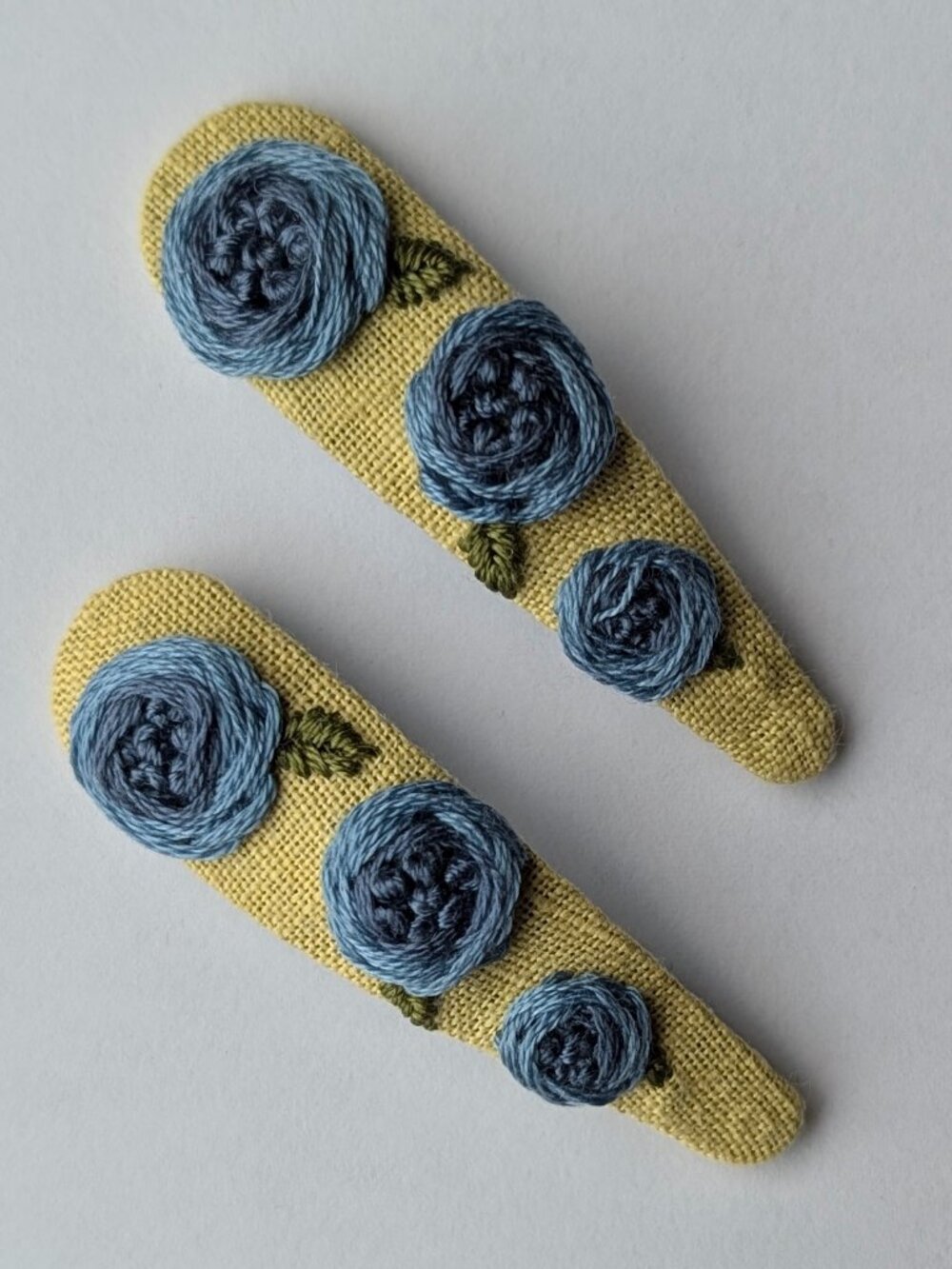 New Blue Roses hand embroidered linen cotton hair clips handmade accessories